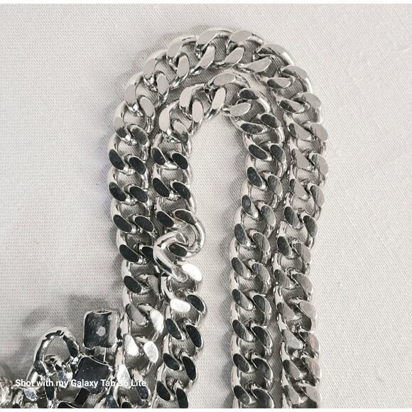 Silver Tone Bib Necklace Tribal Curb Chains Rhinestones And Beads - Picture 7 of 13